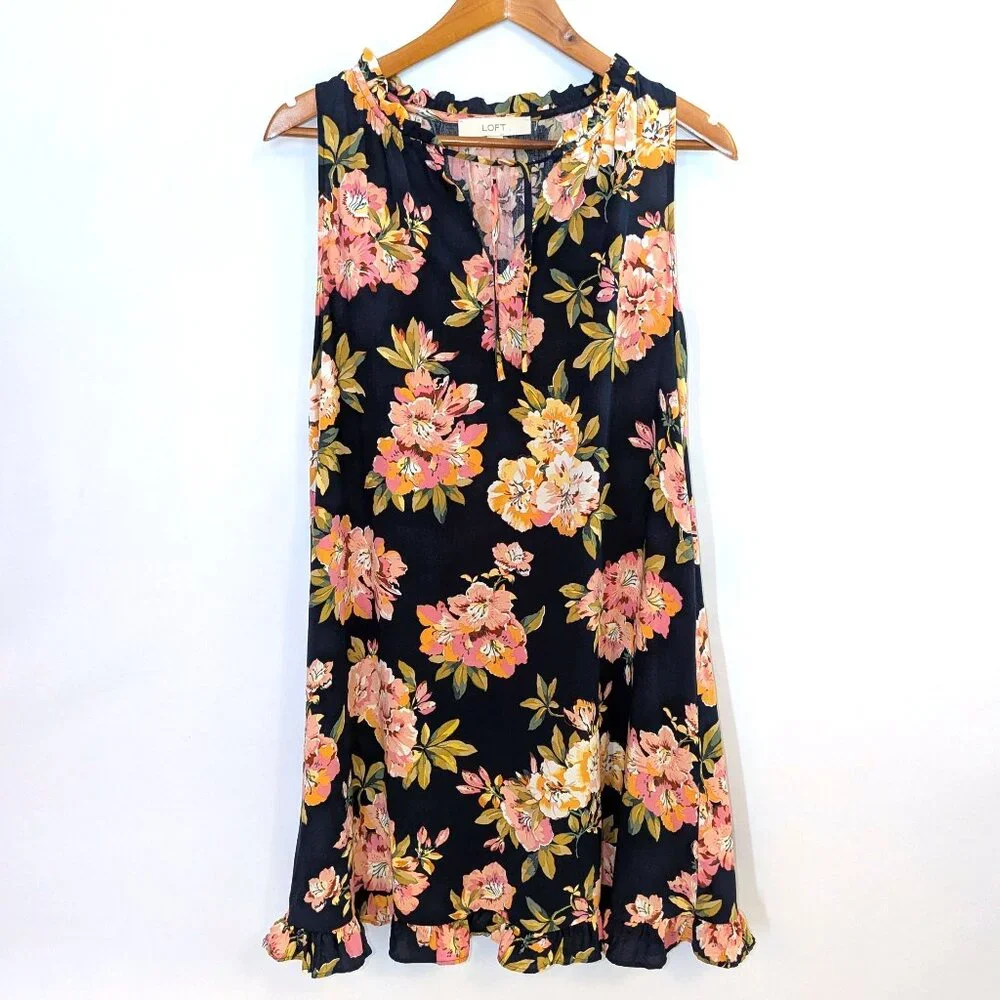 LOFT | Ruffle Floral Split Neck Sleeveless Mini Dress in Navy Blue Multi | Small - Picture 5 of 11